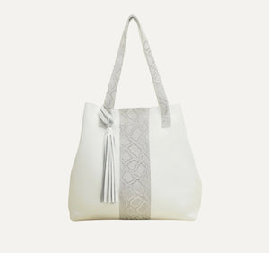 White Leather Tote with Silver Snake Accent