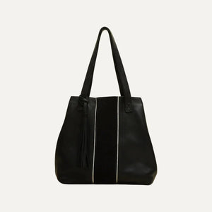 Black Leather Tote with Silver Piping