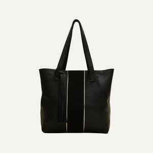 Black Leather Tote with Silver Piping