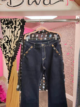 Load image into Gallery viewer, oohlala girls dark wash high waisted denim jeans featuring ornate jewel-toned embellishments on the front pockets

